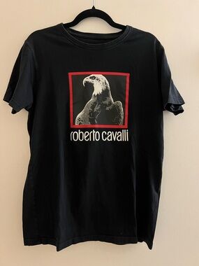 Roberto Cavalli Black Tee with Red-Trim Eagle Graphic
